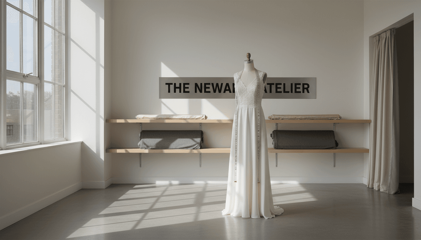 Ivory evening gown on a dress form in a minimalist tailoring studio