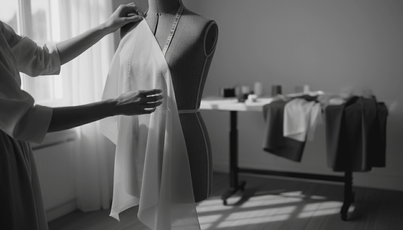 Seamstress's hands pinning fabric on a dress form in a private atelier
