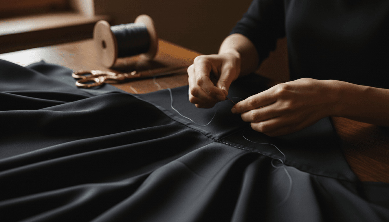 Hands hand-stitching a silk hem on a charcoal gown