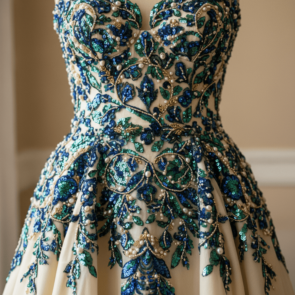 Evening gown displayed on a dress form in a quiet atelier