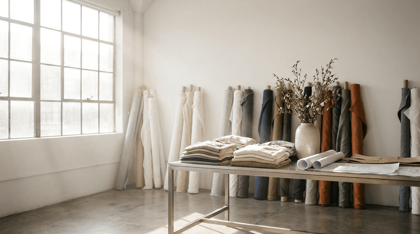 A tailored evening gown on a dress form in a quiet, elegant atelier