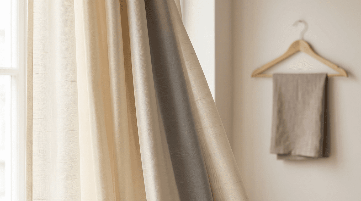 Champagne silk fabric draped on a mannequin in a quiet tailoring studio
