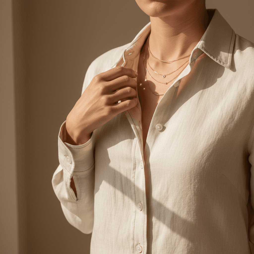 Seamstress hands pinning ivory silk on a dress form in a quiet atelier