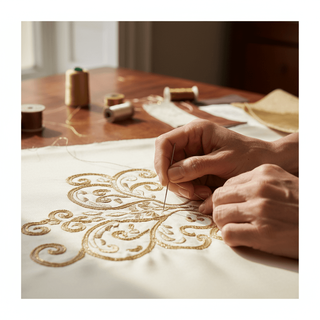 Hands of a tailor pinning ivory silk fabric on a dress form in a quiet atelier