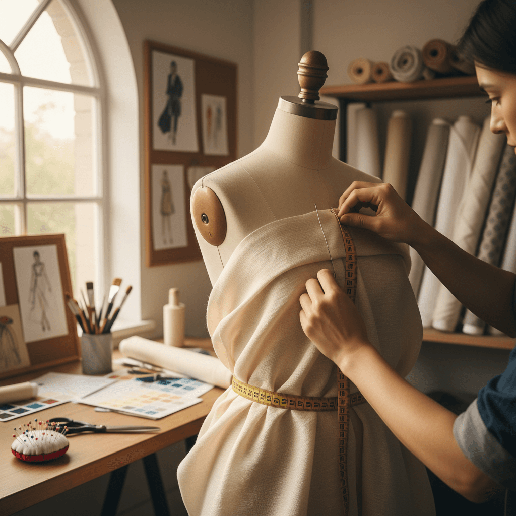 Tailor's hands pinning ivory fabric on a dress form in a sunlit atelier