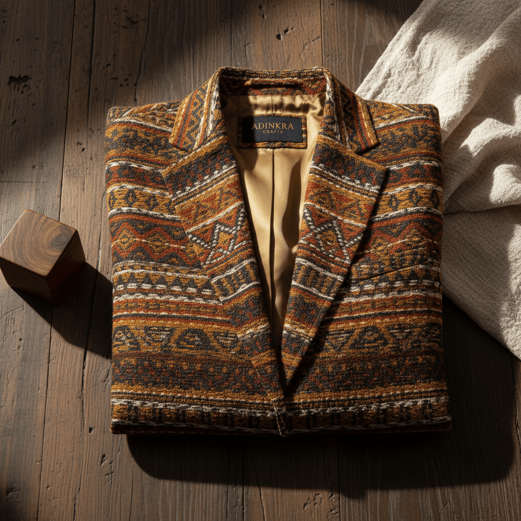 Close-up of fine stitching on a charcoal wool suit jacket in soft window light