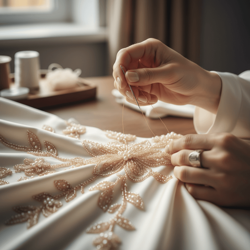 Hands pinning the hem of an ivory silk evening gown on a dress form in a softly lit atelier
