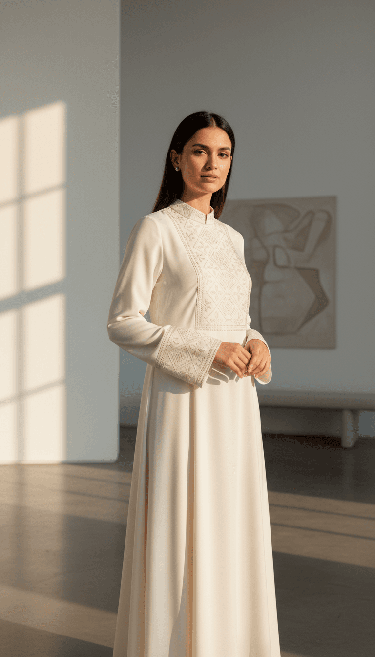 Model wearing an ivory evening gown in a minimalist studio